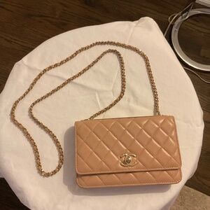 Chanel Tan Lambskin Wallet on a Chain with gold hardware